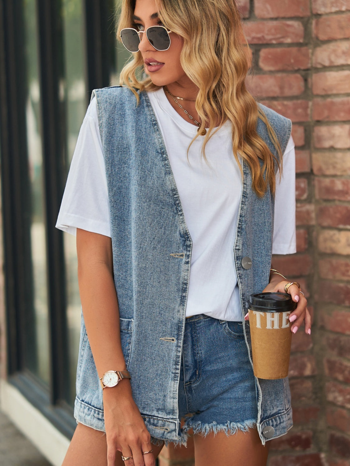 Full Size V-Neck Button Up Denim Vest - Classique Collection
