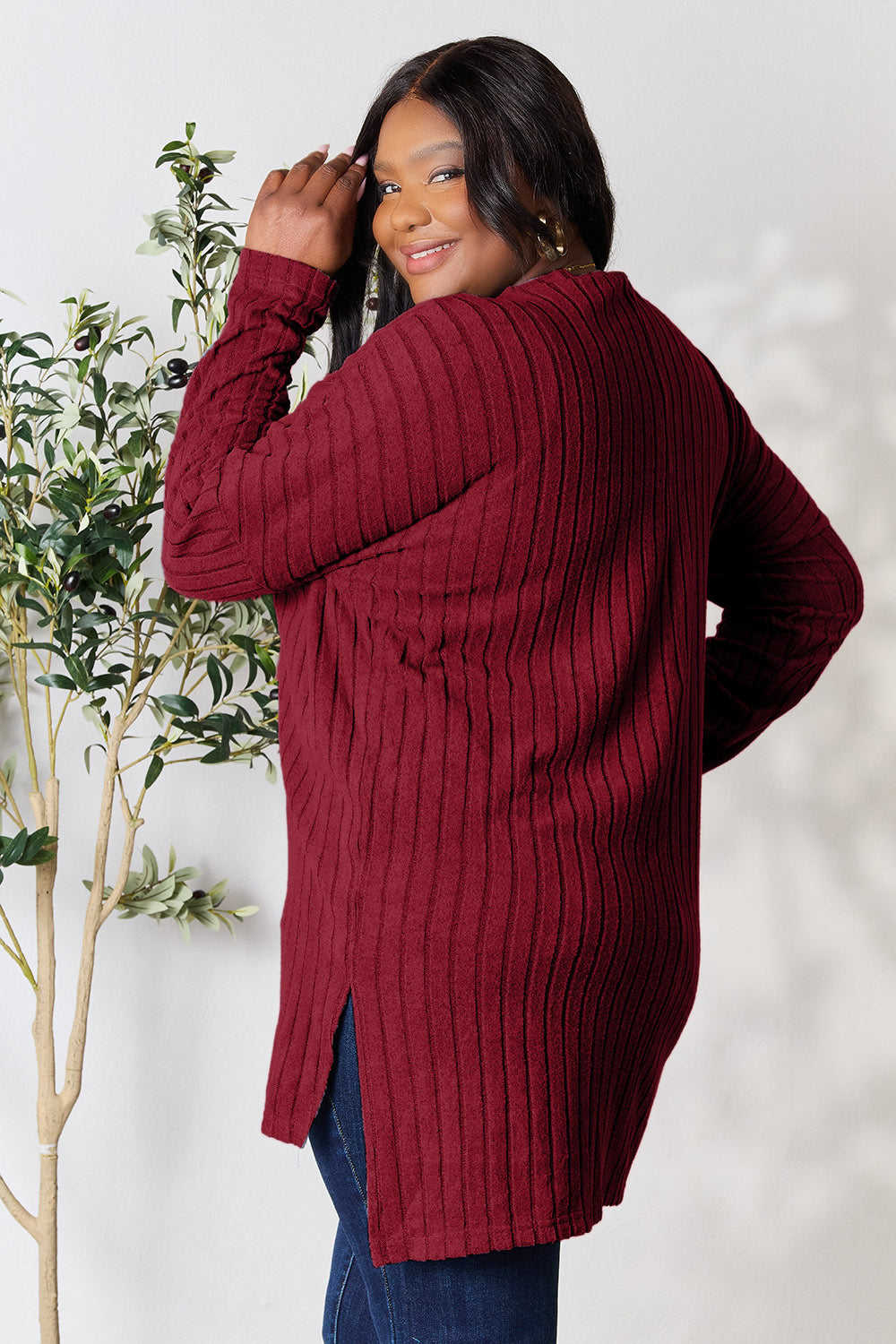 Basic Bae Full Size Ribbed Round Neck Long Sleeve Slit Top - Classique Collection