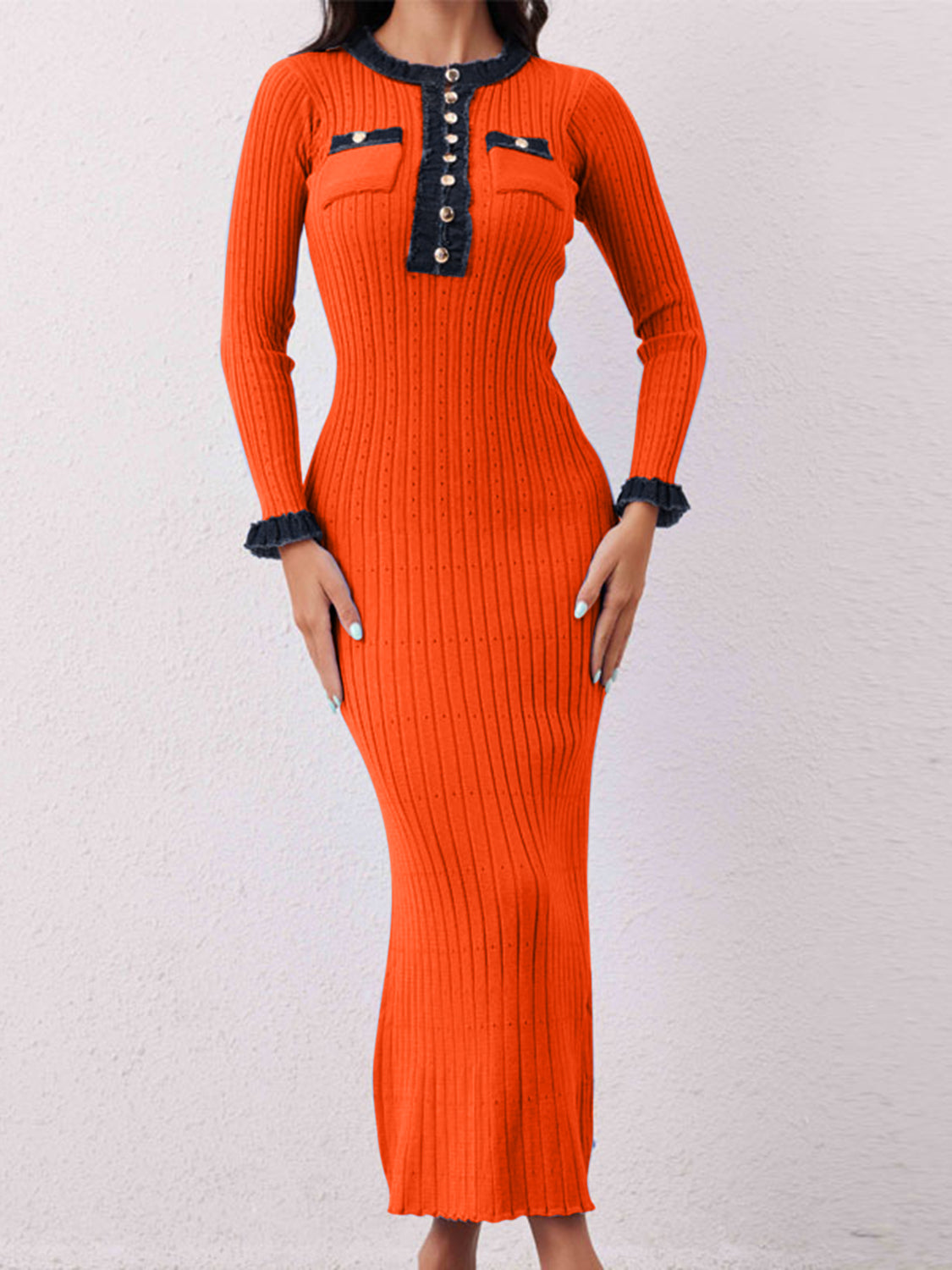 Contrast Trim Round Neck Long Sleeve Sweater Dress - Classique Collection