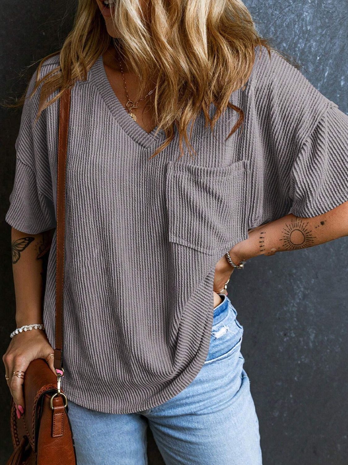 Textured V-Neck Half Sleeve T-Shirt - Classique Collection