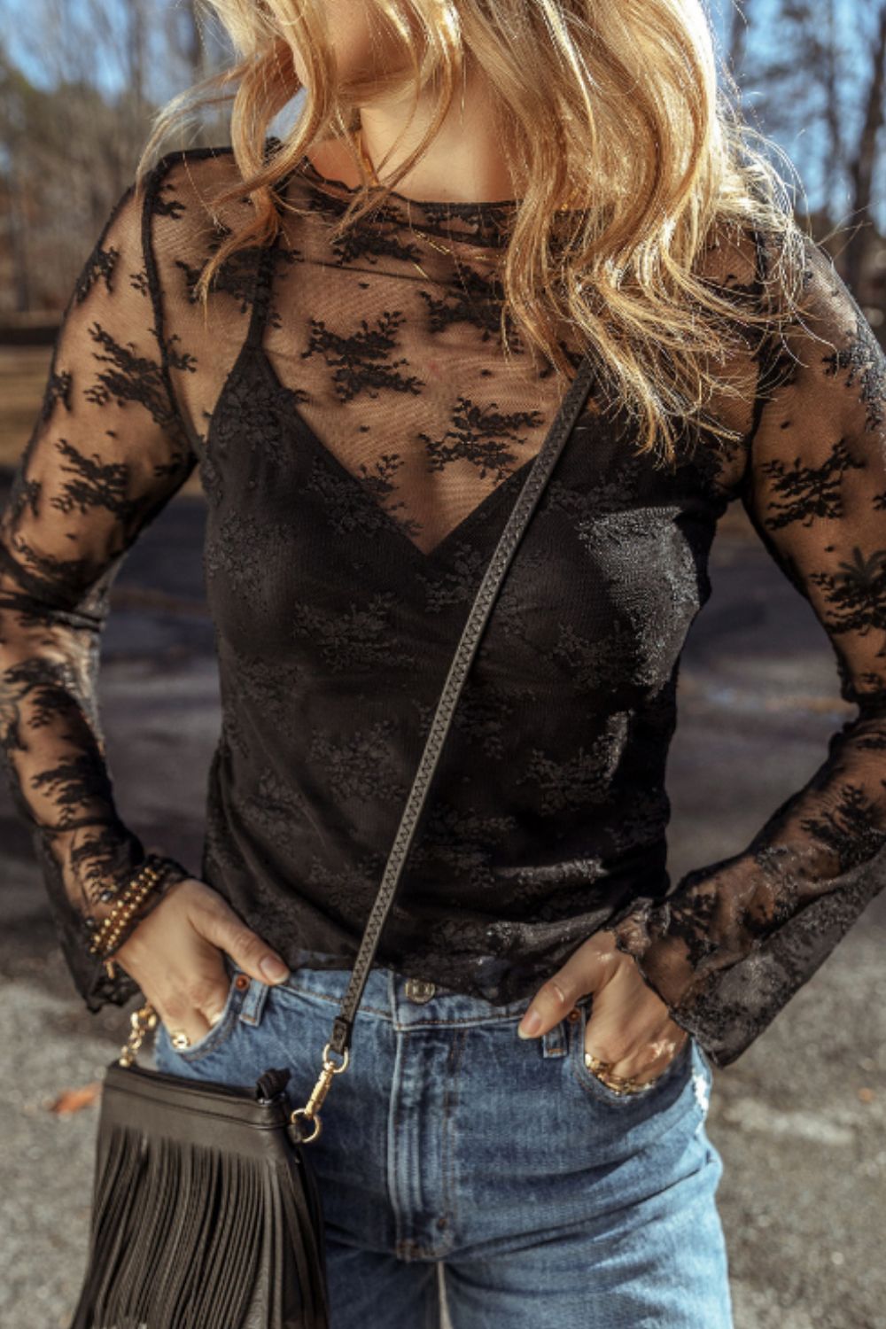 Surplice Cami and Lace Long Sleeve Cover Up Set - ClassiQ