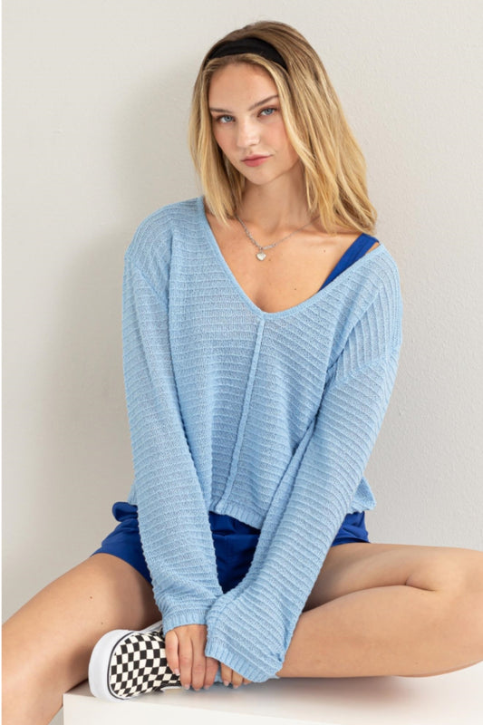 HYFVE V-Neck Stripe Texture Long Sleeve Top - Classique Collection