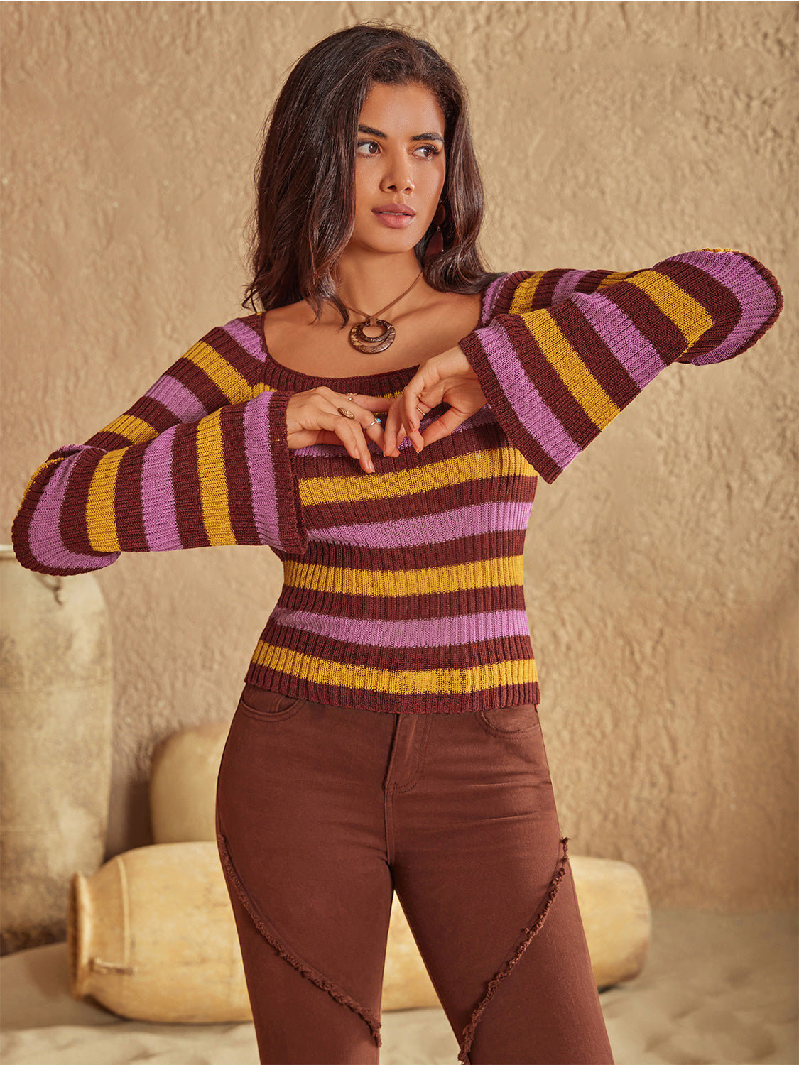 Striped Boat Neck Flare Sleeve Knit Top - Classique Collection