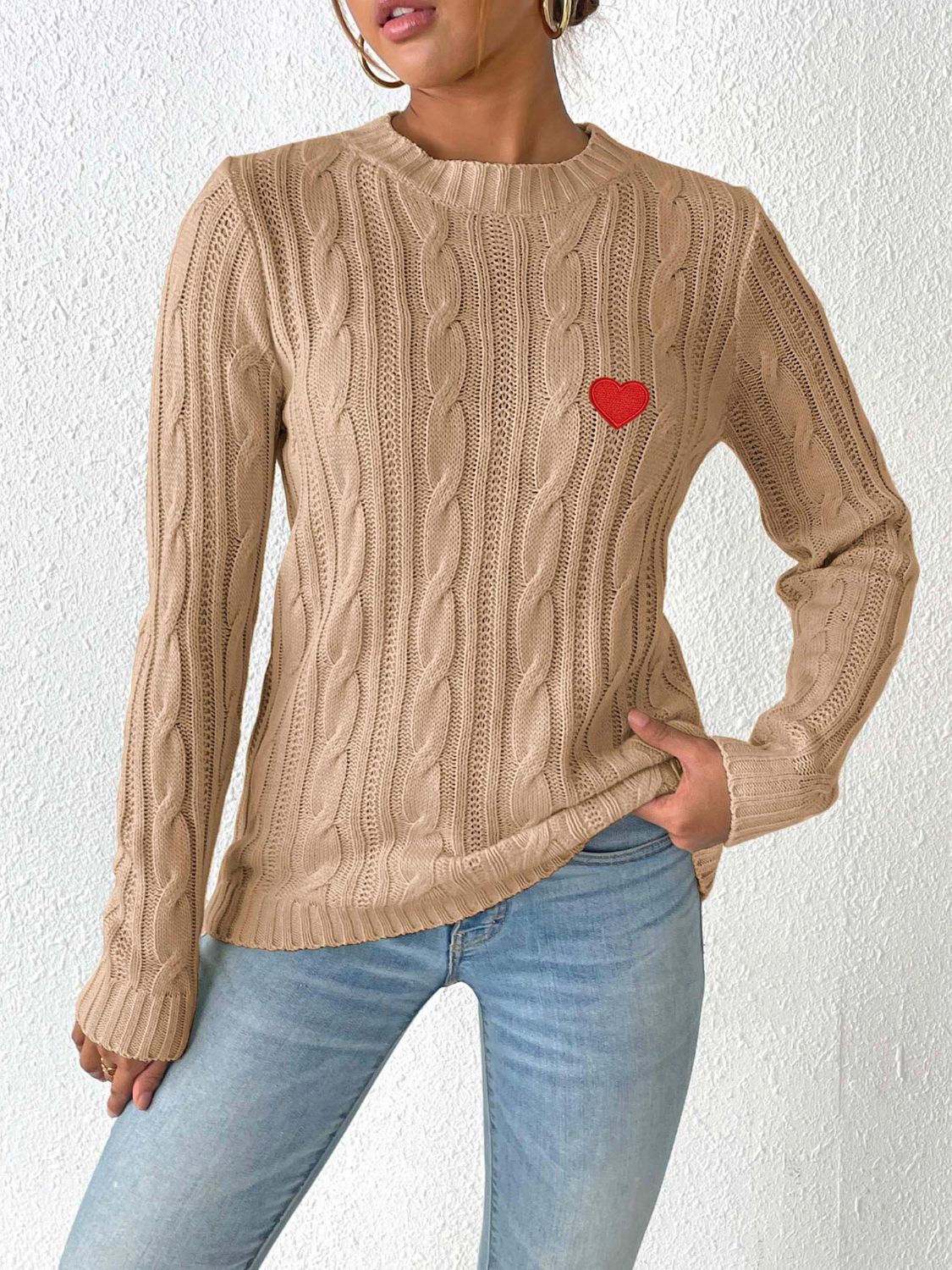 Cable-Knit Heart Round Neck Long Sleeve Sweater - ClassiQ