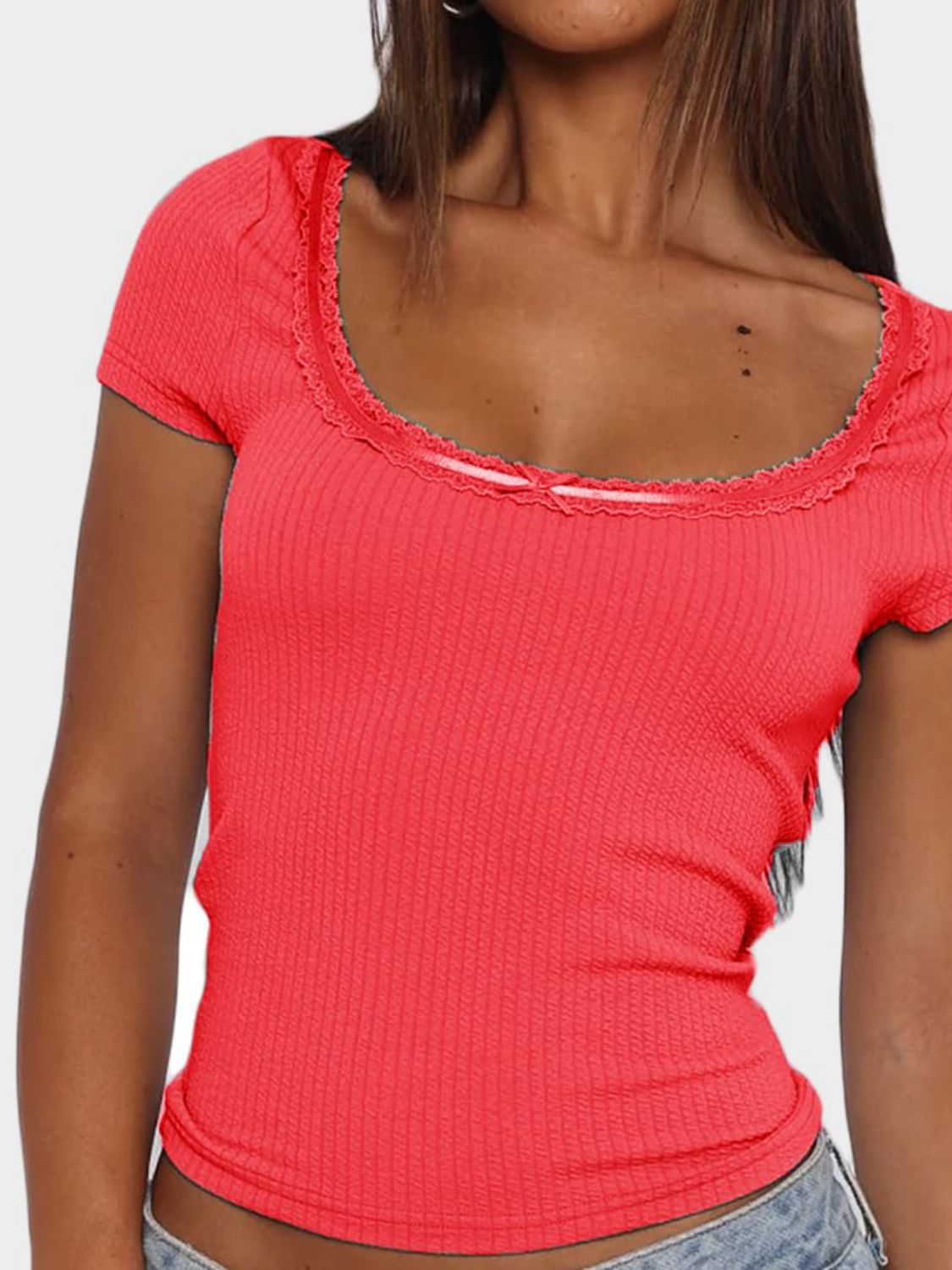 Lace Detail Scoop Neck Short Sleeve T-Shirt - Classique Collection