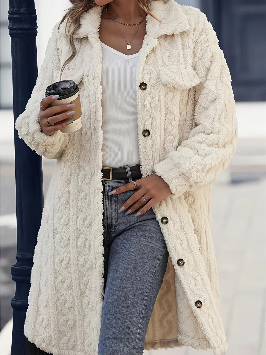 Fuzzy Button Up Long Sleeve Longline Coat - Classique Collection