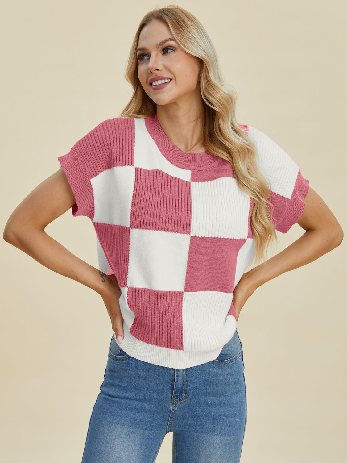 Double Take Full Size Checkered Round Neck Short Sleeve Sweater - ClassiQ