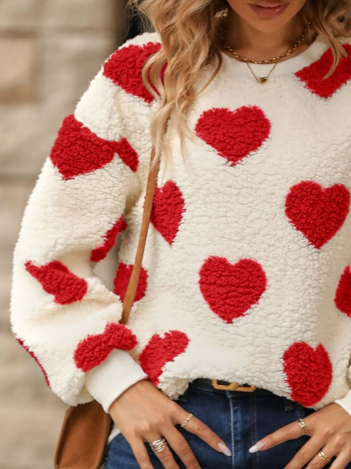 Fuzzy Heart Dropped Shoulder Sweatshirt - ClassiQ