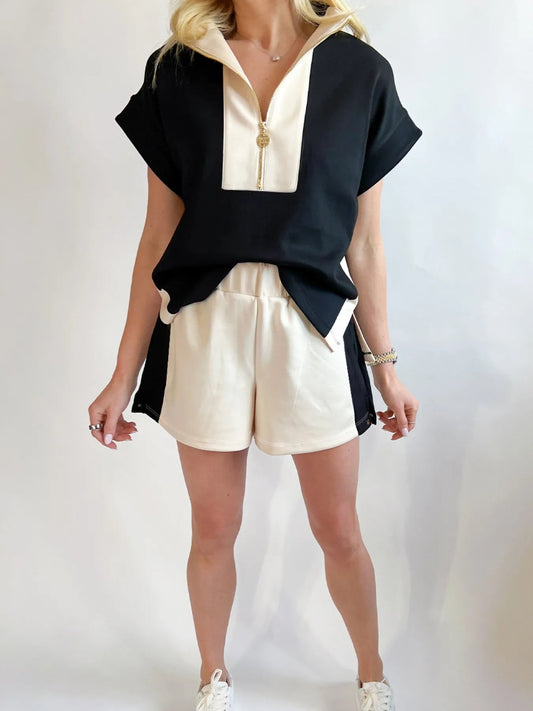Color Block Half Zip Top and Shorts Two - Piece Set