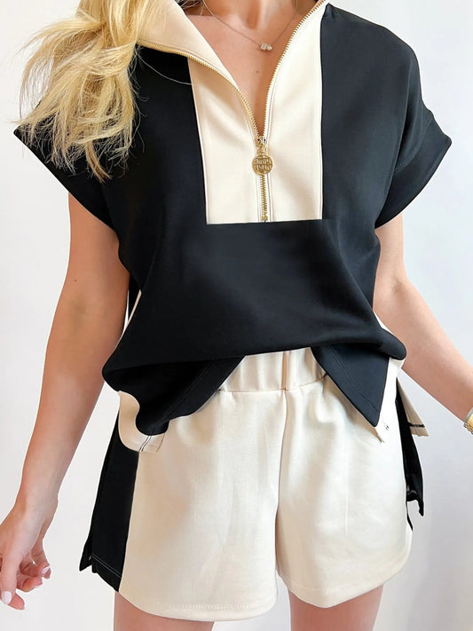 Color Block Half Zip Top and Shorts Two - Piece Set