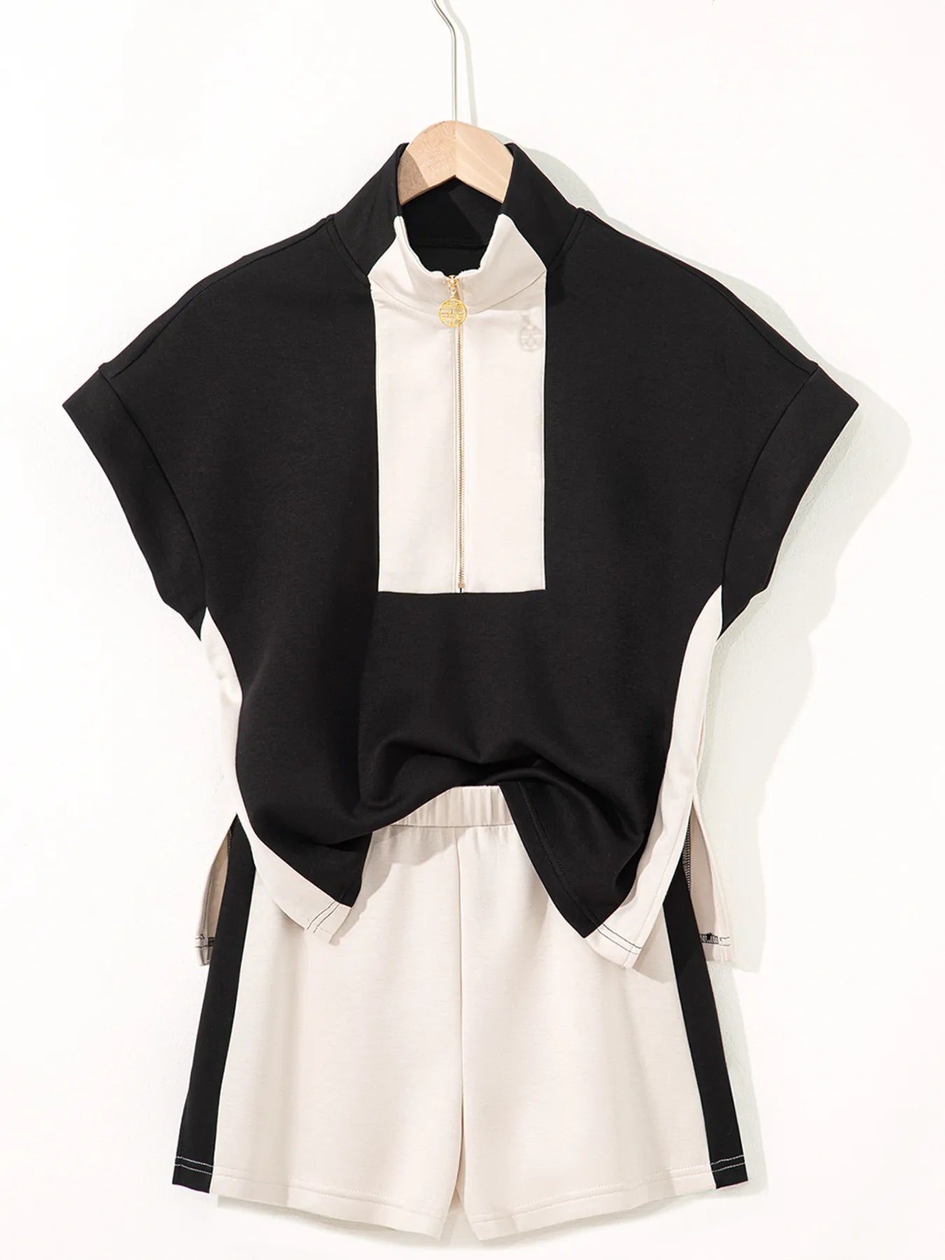 Color Block Half Zip Top and Shorts Two - Piece Set