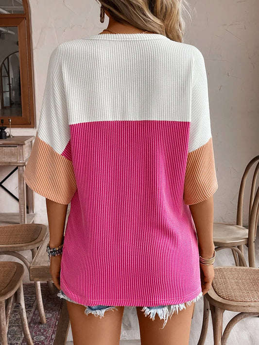 Color Block Ribbed Knit Casual T-Shirt