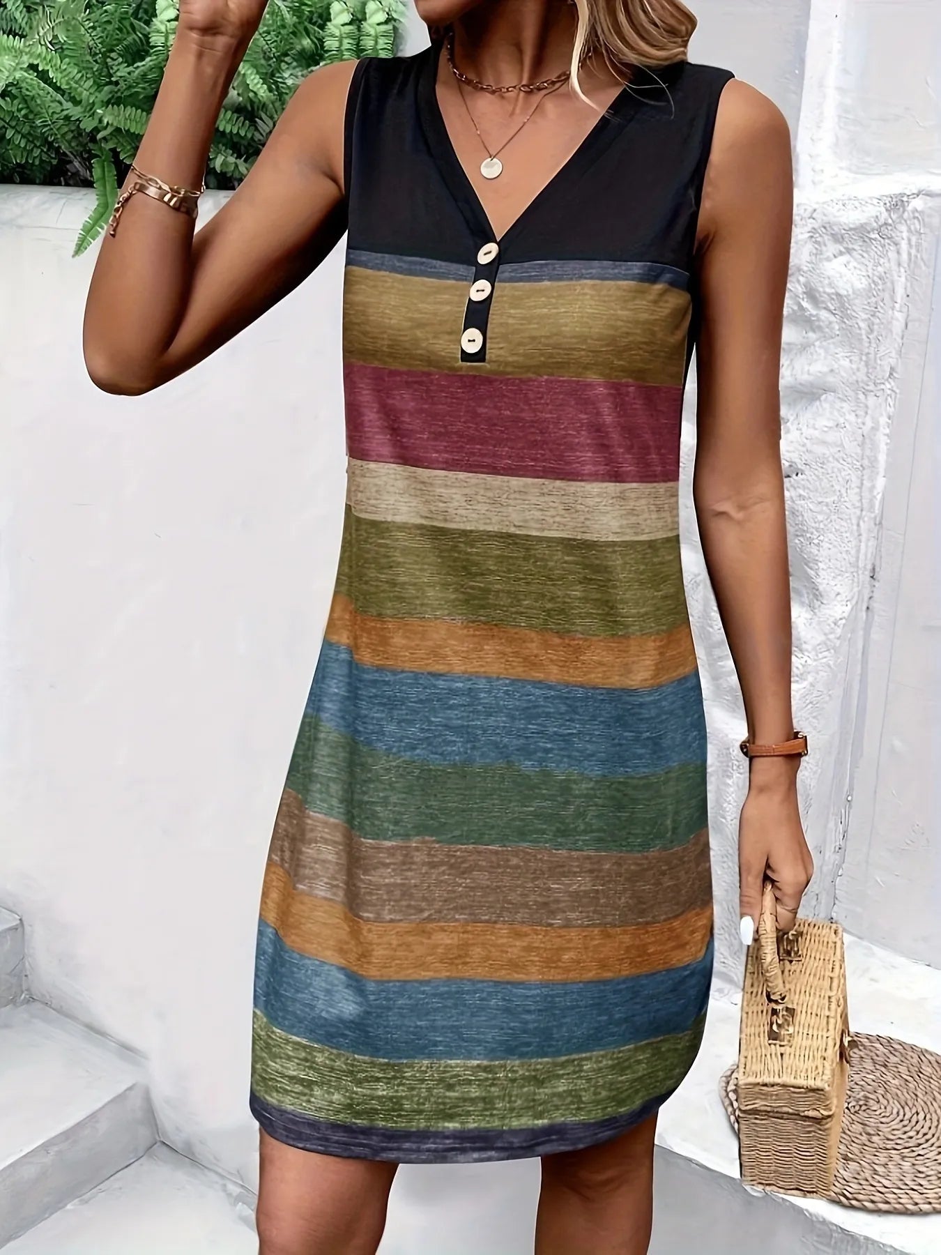Color Block Sleeveless V - Neck Tank Dress