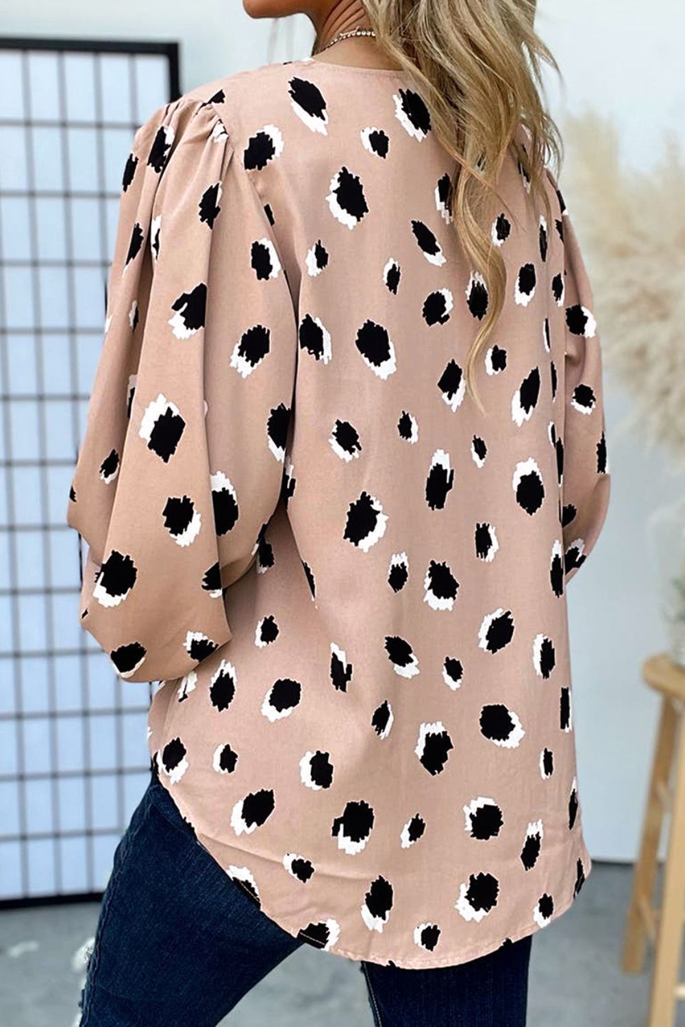 Contrast Animal Print V - Neck Long Sleeve Blouse
