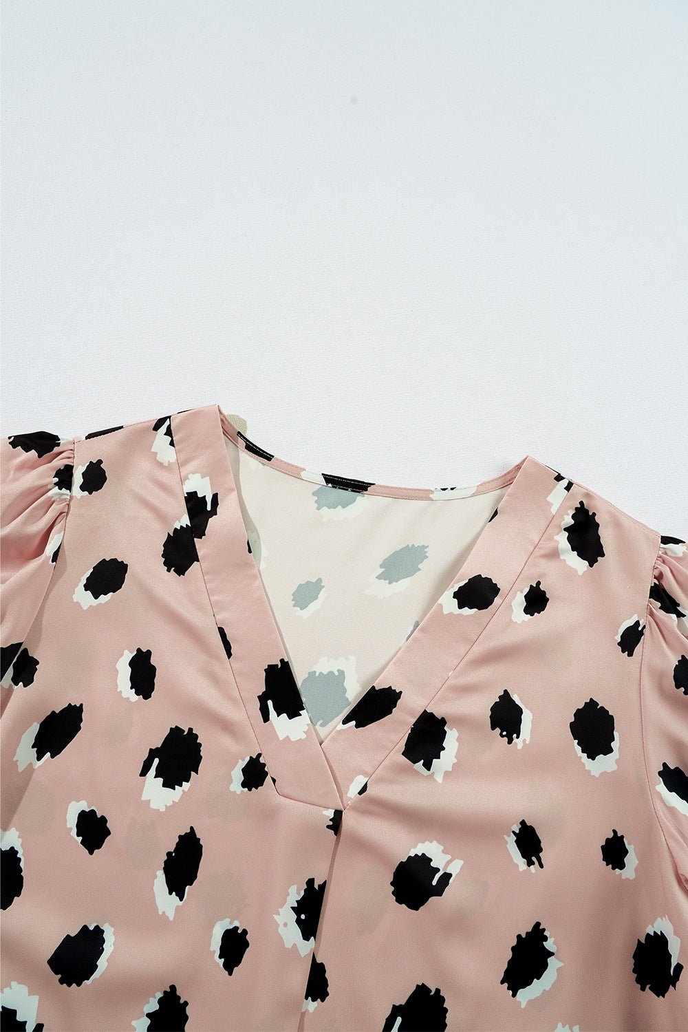 Contrast Animal Print V - Neck Long Sleeve Blouse