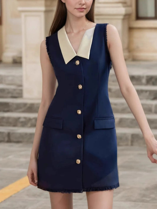 Contrast Collar Button - Front Sleeveless Mini Dress