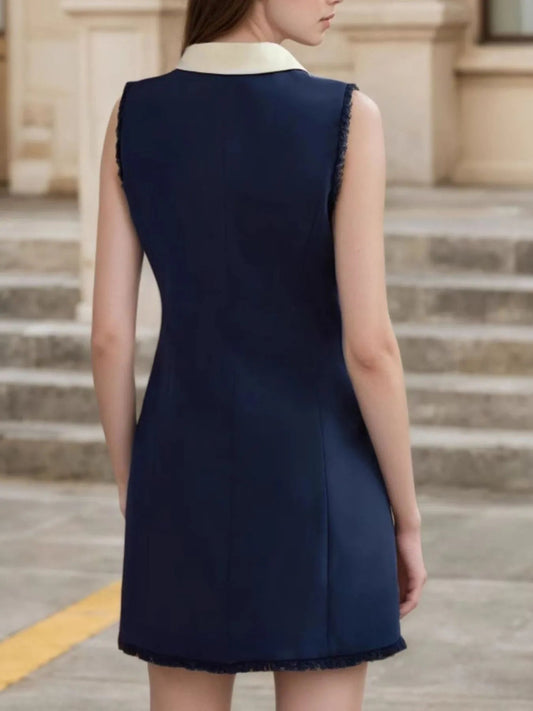 Contrast Collar Button - Front Sleeveless Mini Dress