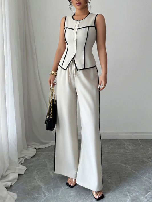 Contrast Piping Round Neck Top and Wide - Leg Pants Set