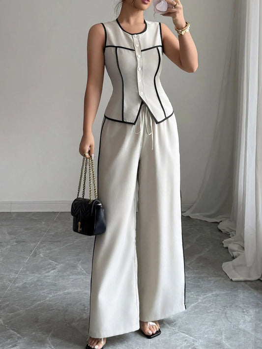 Contrast Piping Round Neck Top and Wide - Leg Pants Set
