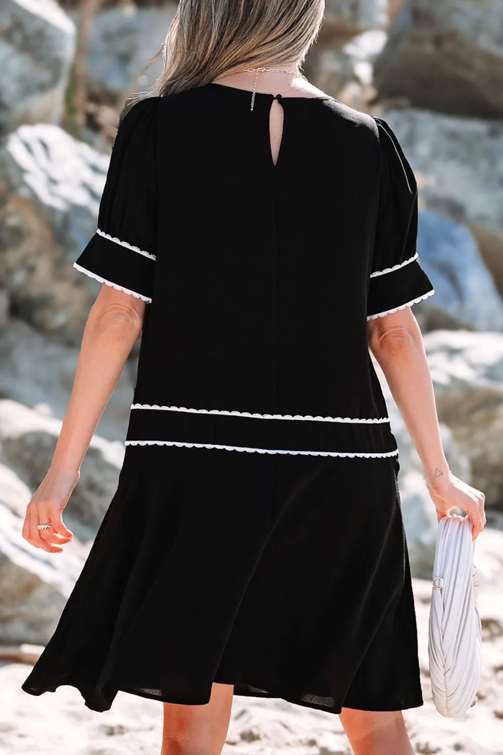 Contrast Scallop Trim Bow Detail Short Sleeve Shift Dress