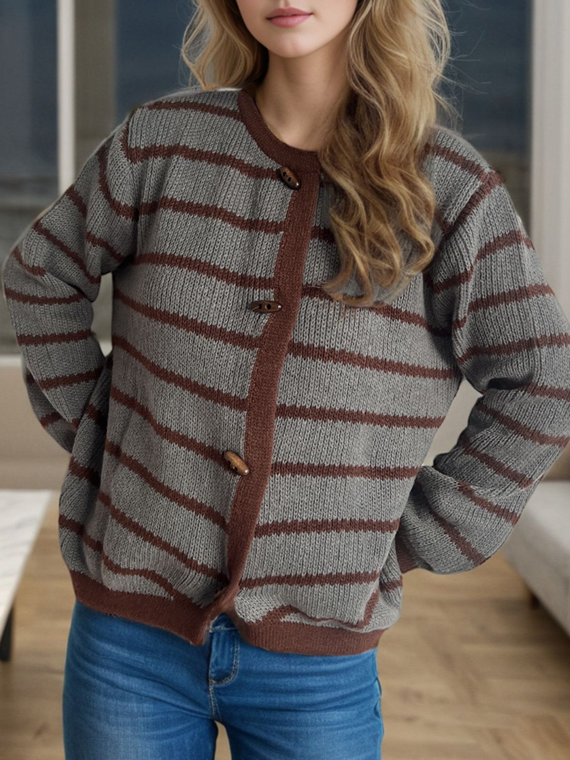 Striped Round Neck Long Sleeve Cardigan - ClassiQ