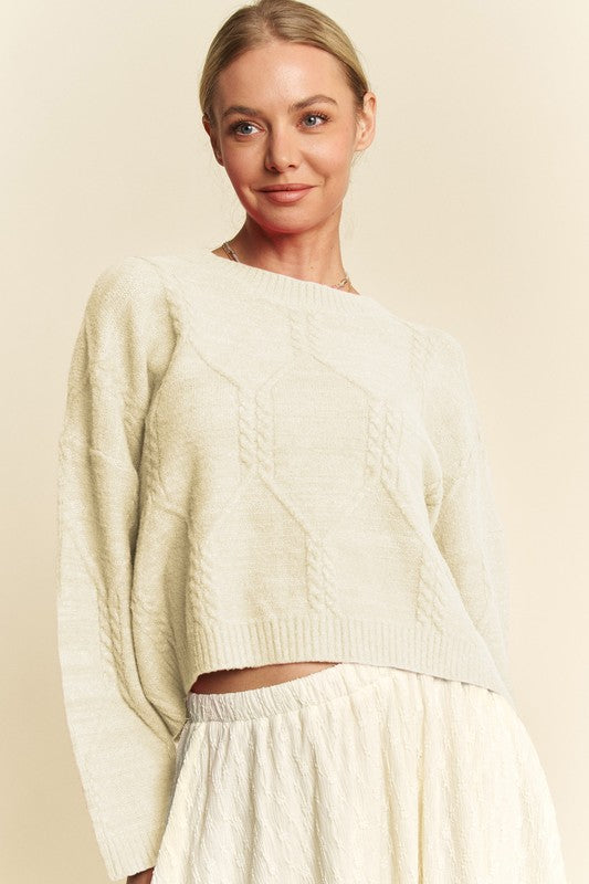 Davi & Dani Diamond Cable Pattern Drop Shoulder Sweater - Classique Collection