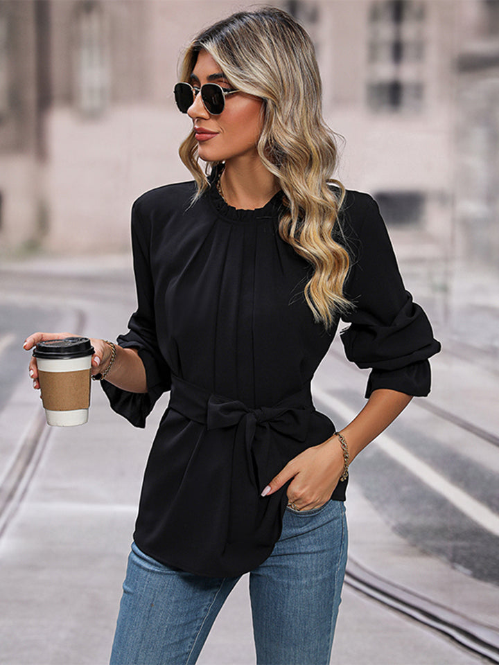 Perfee Round Neck Tie Waist Long Sleeve Blouse - Classique Collection