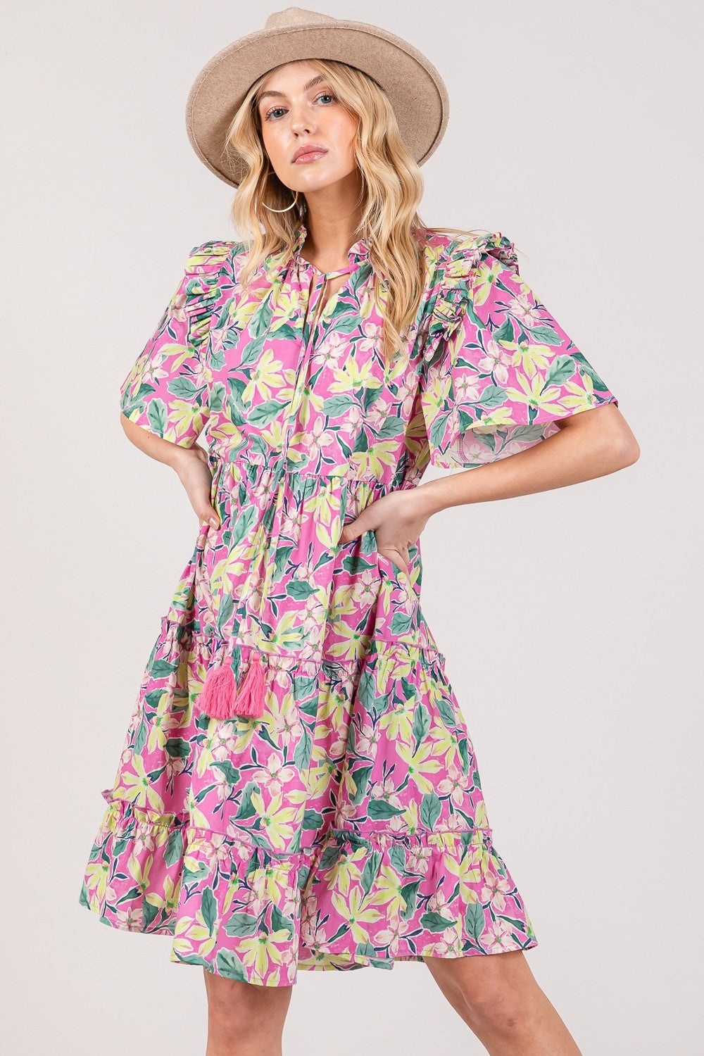 SAGE + FIG Floral Ruffle Short Sleeve Dress - Classique Collection