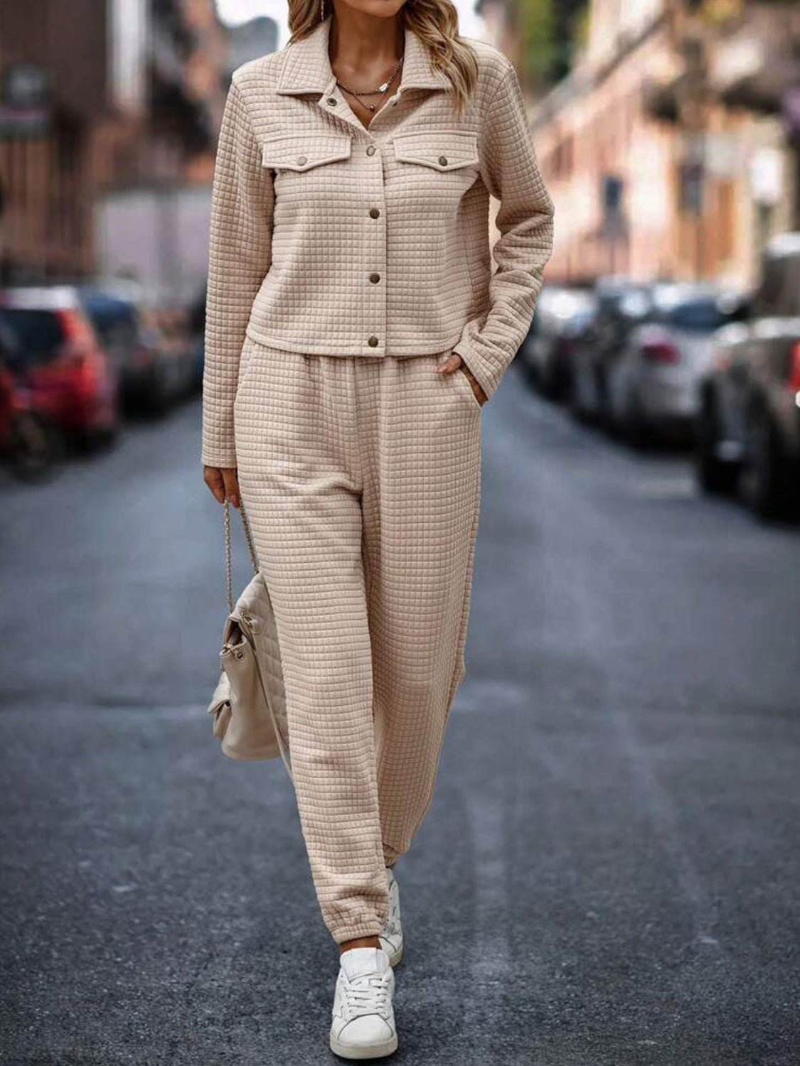 Plaid Texture Snap Down Top and Pants Set - ClassiQ