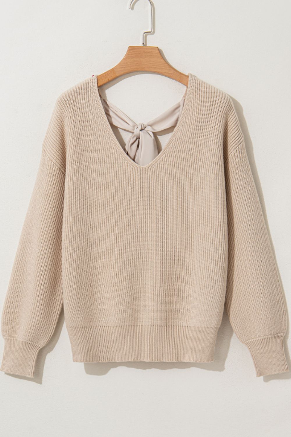 Tied Back V-Neck Long Sleeve Sweater - ClassiQ