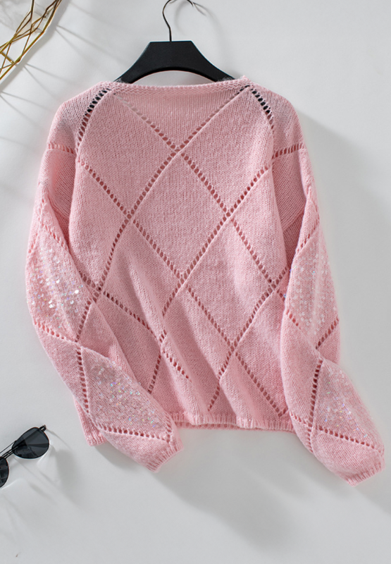 Openwork Sequin Round Neck Long Sleeve Sweater - Classique Collection
