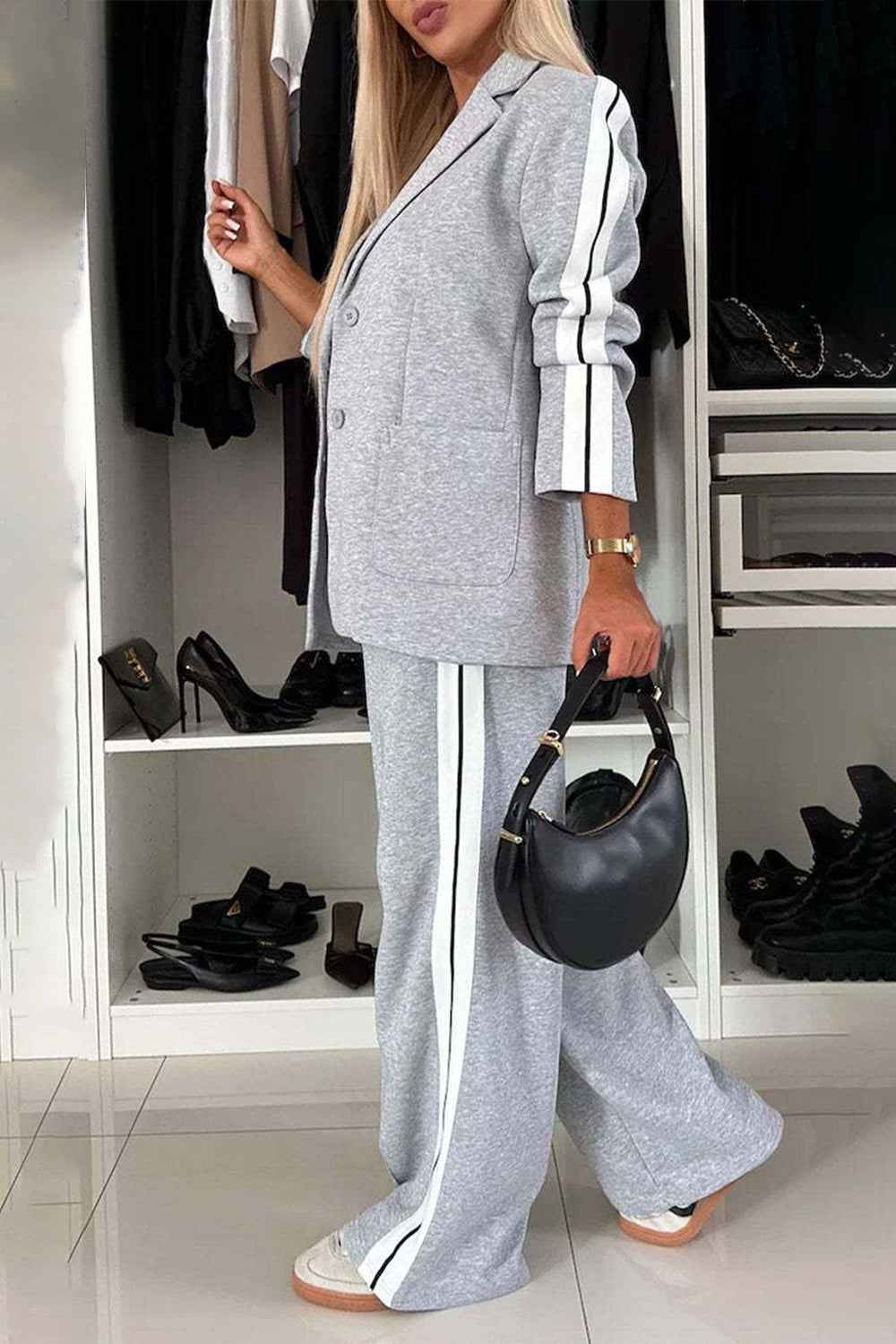 Full Size Contrast Lapel Collar Top and Pants Set - ClassiQ