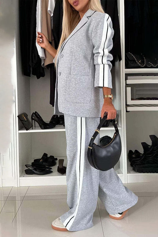 Full Size Contrast Lapel Collar Top and Pants Set - ClassiQ