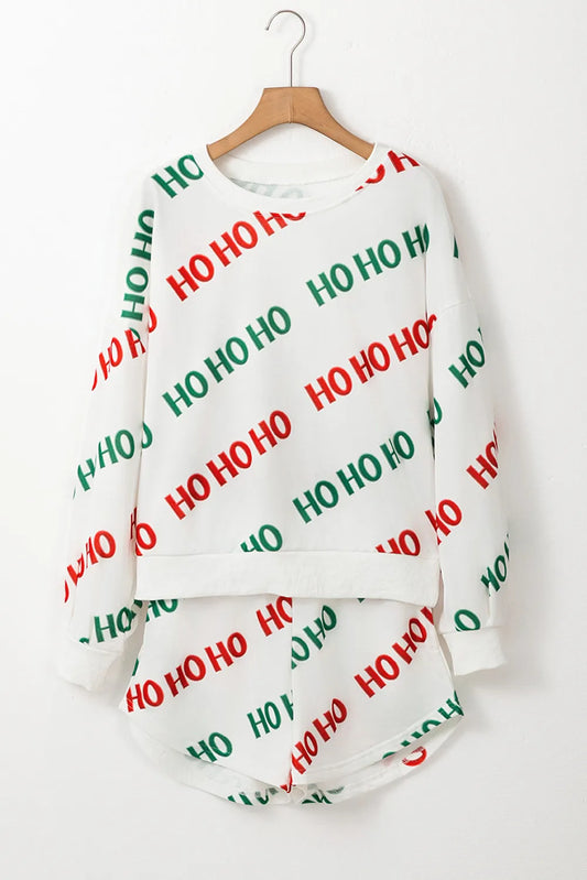 Letter Print Round Neck Long Sleeve Top and Shorts Set - ClassiQ