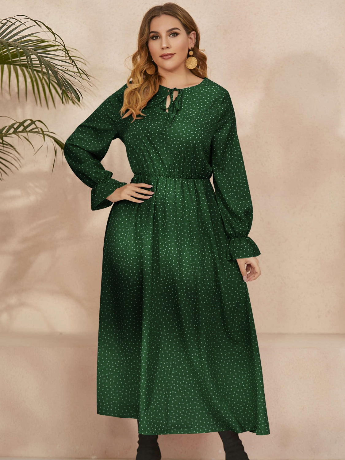Honey Plus Size Ruffled Polka Dot Long Sleeve Midi Dress - Classique Collection