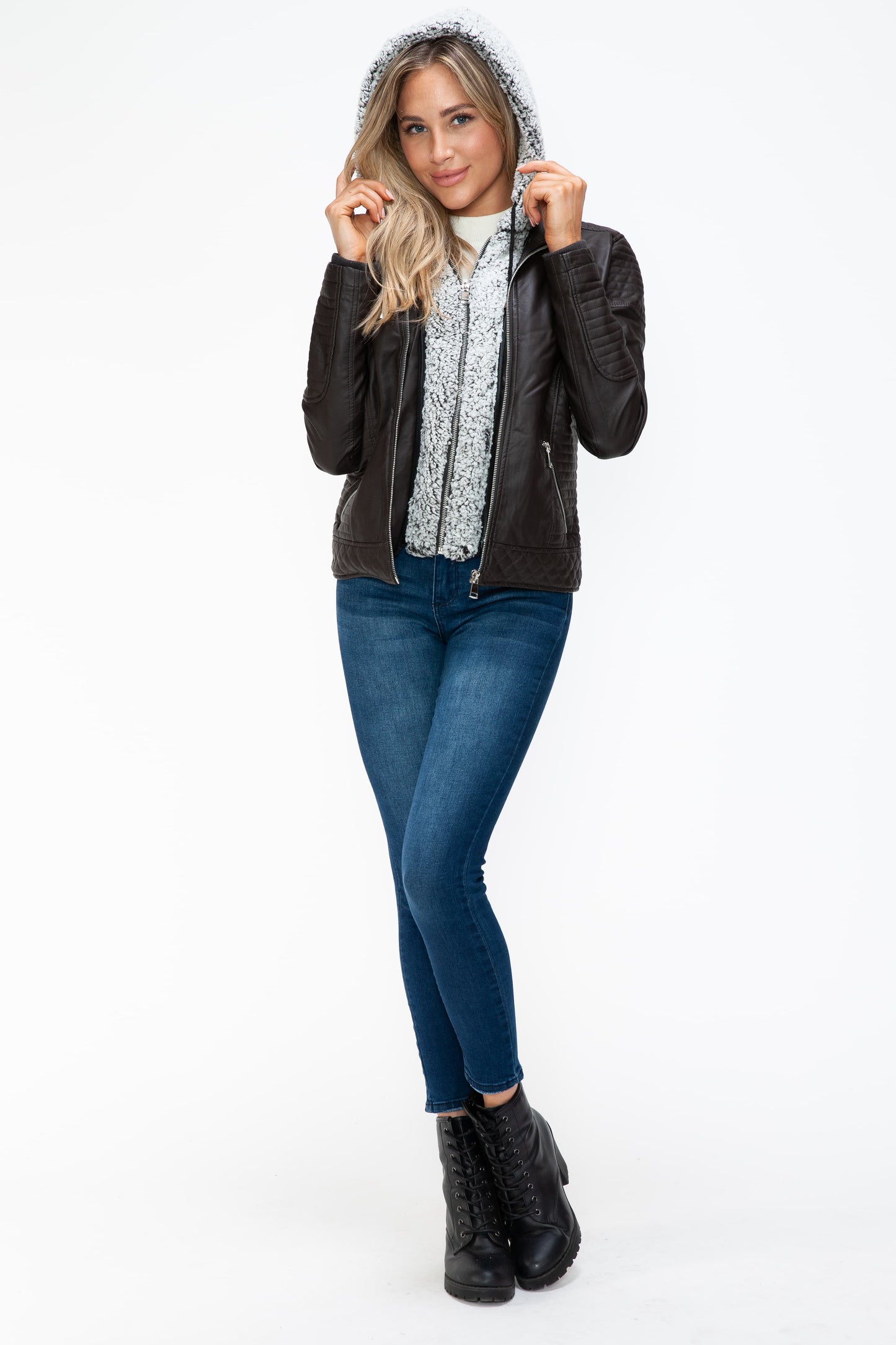 YMI Faux Layered Double-Zipper Jacket with Fuzzy Hood - ClassiQ