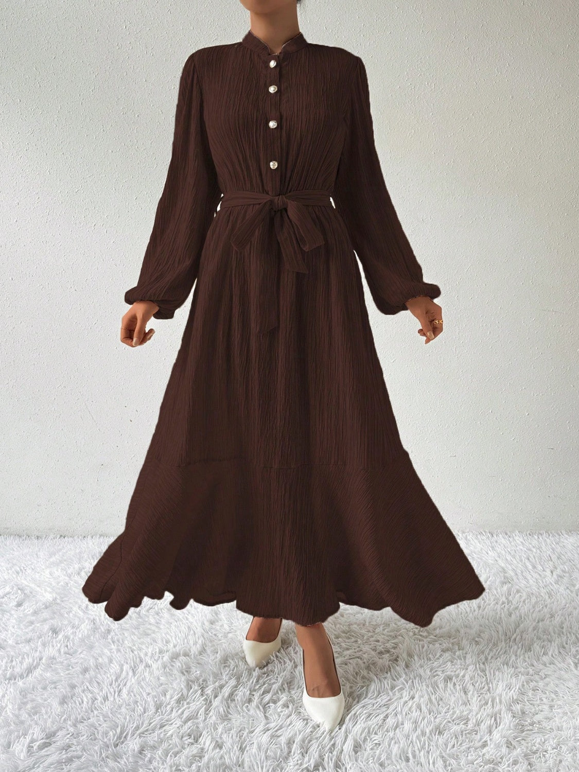 Half Button Tie Waist Long Sleeve Maxi Dress - Classique Collection