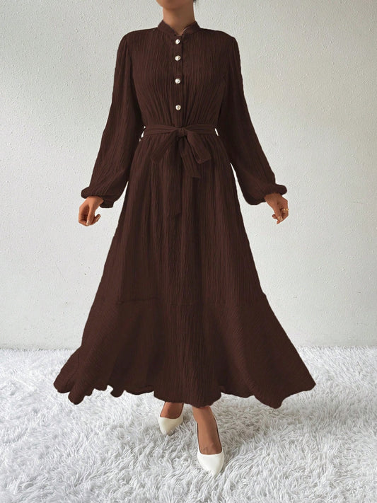 Half Button Tie Waist Long Sleeve Maxi Dress - Classique Collection