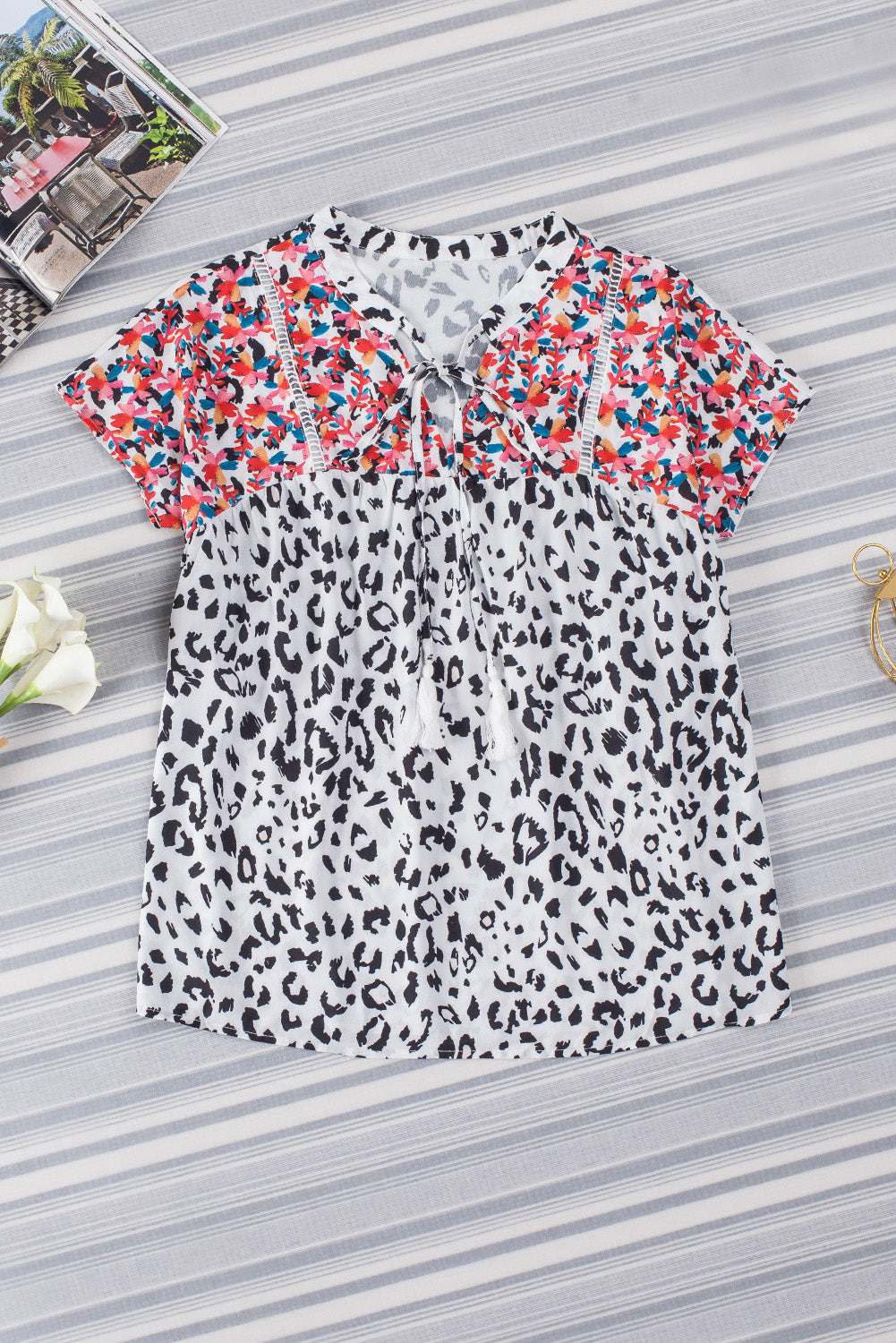 Leopard Tassel Tie Short Sleeve Top - Classique Collection