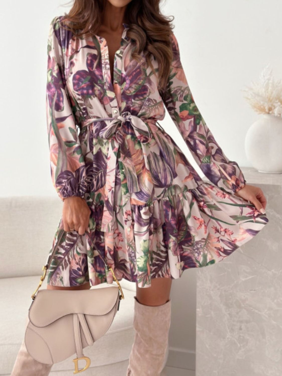 Ruffle Hem Floral Long Sleeve Dress - Classique Collection