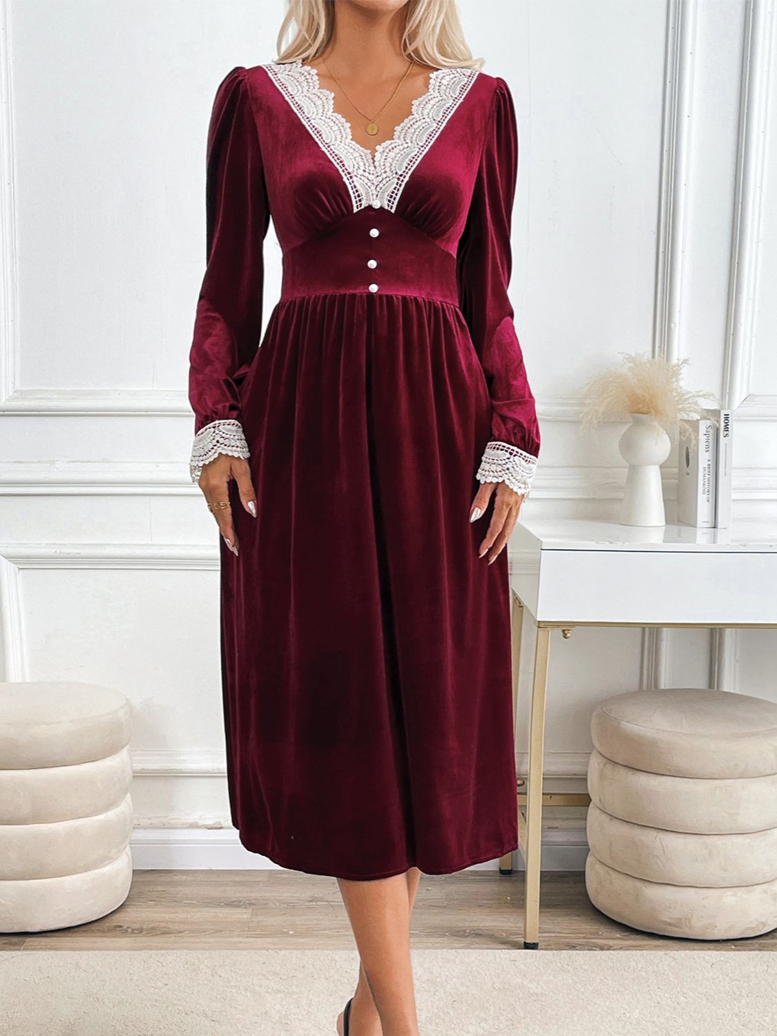 Perfee Lace Detail V-Neck Long Sleeve Midi Dress - Classique Collection