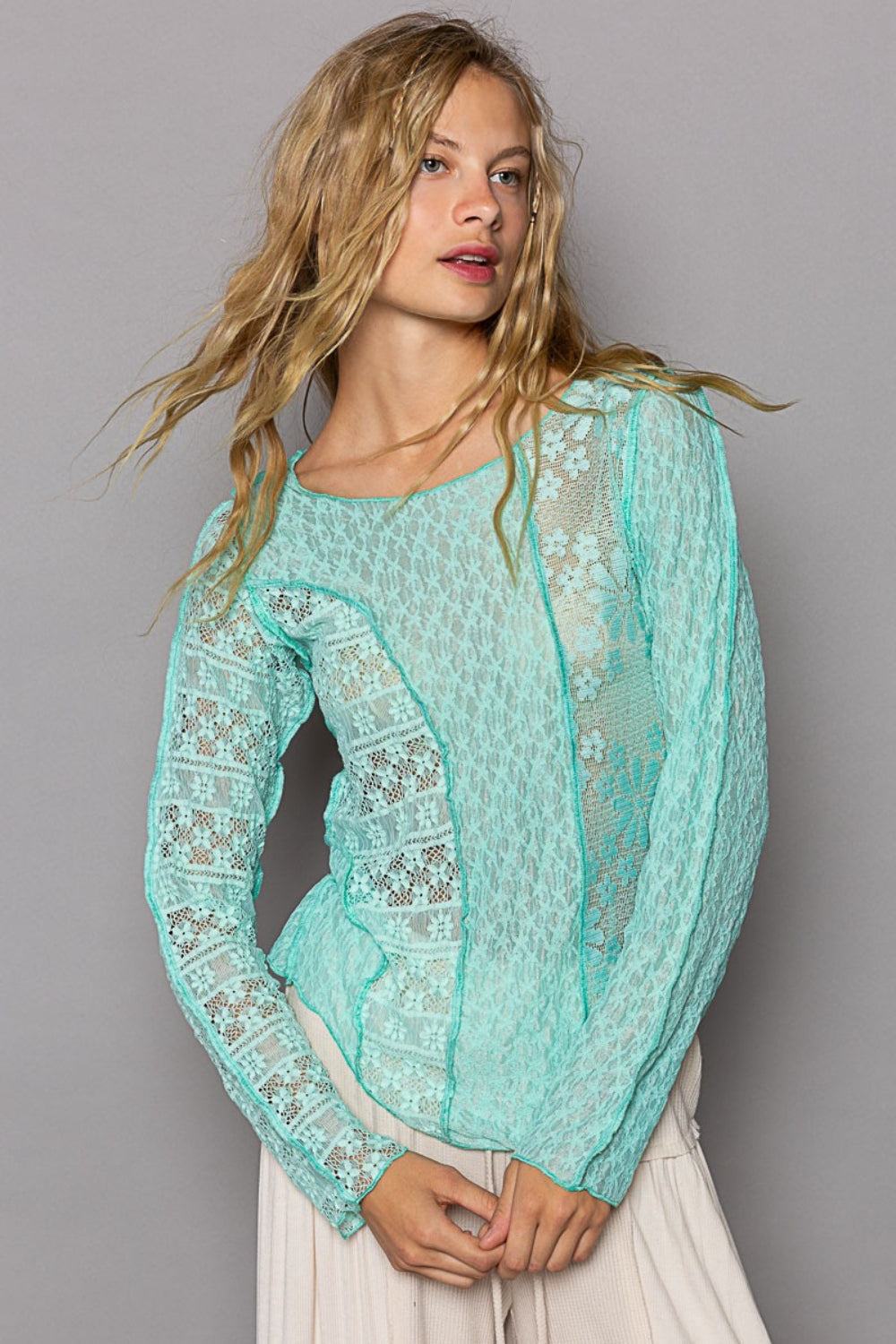 POL Exposed Seam Long Sleeve Lace Knit Top - Classique Collection