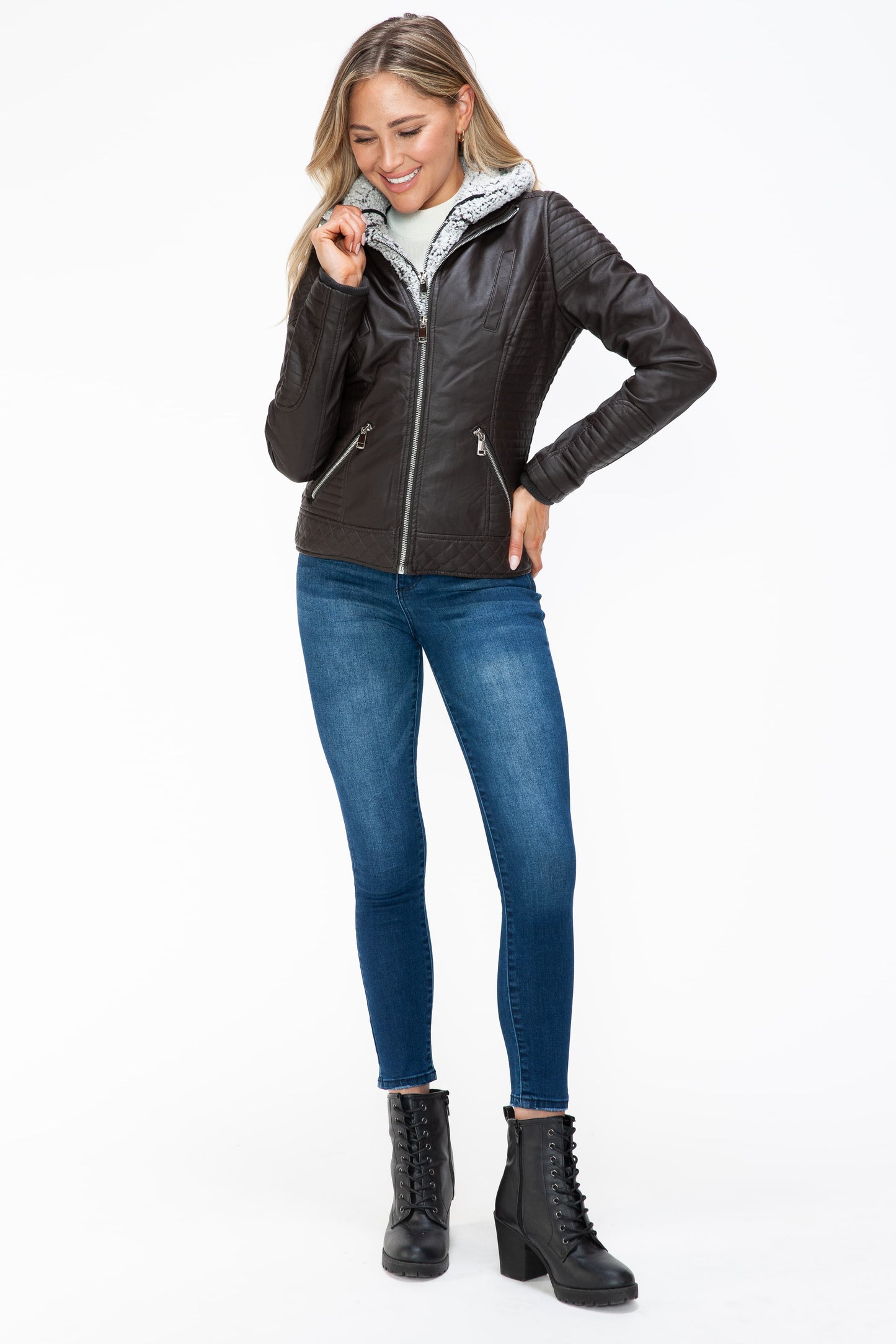 YMI Faux Layered Double-Zipper Jacket with Fuzzy Hood - ClassiQ