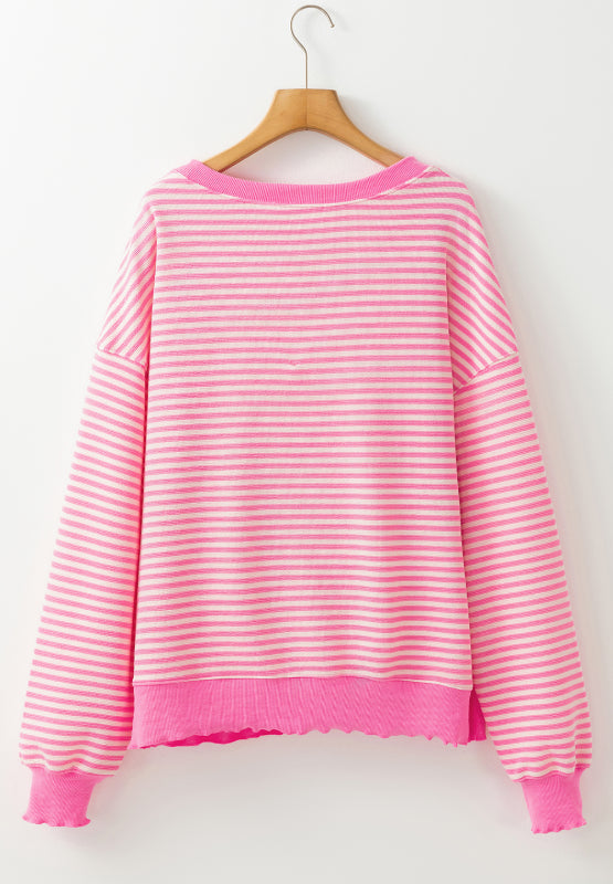 Striped Sequin Heart Round Neck Long Sleeve Sweatshirt - Classique Collection
