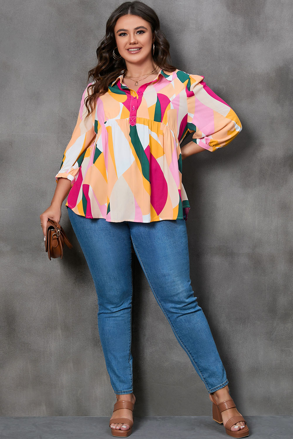 Plus Size Printed Collared Neck Half Button Top - Classique Collection