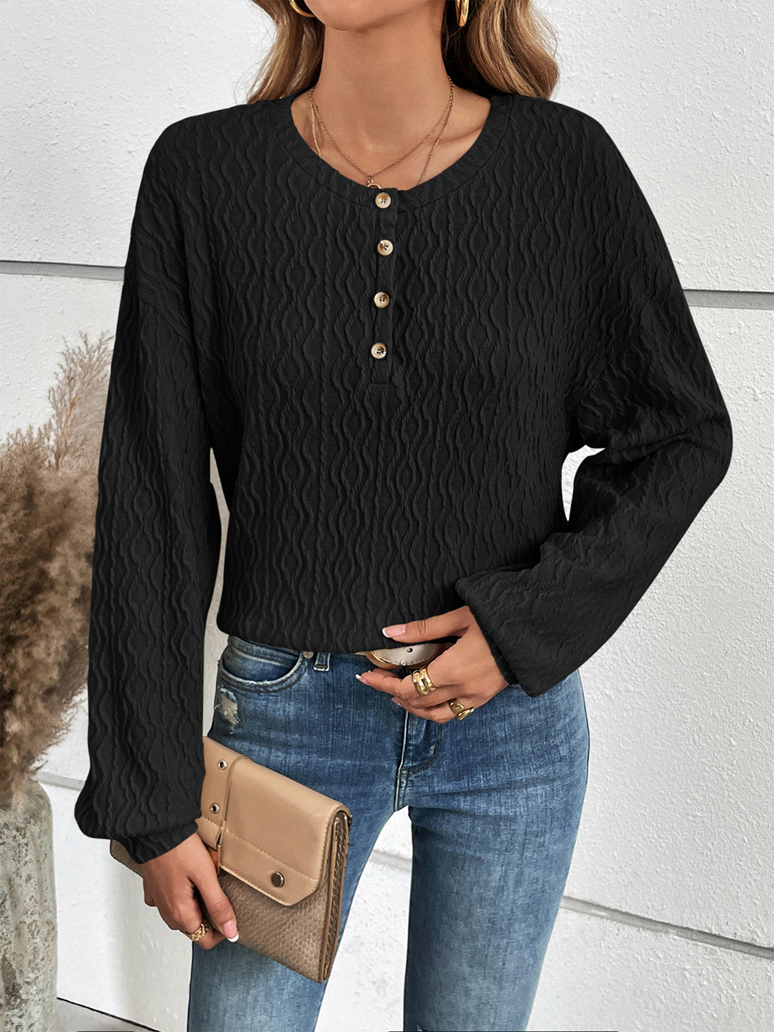 Ivy Lane Half Button Long Sleeve Top - ClassiQ