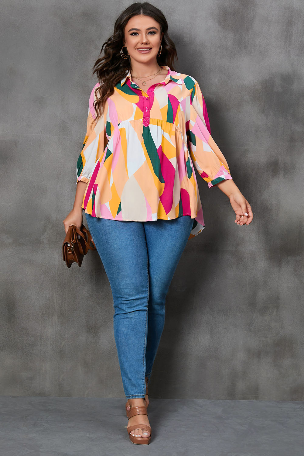 Plus Size Printed Collared Neck Half Button Top - Classique Collection