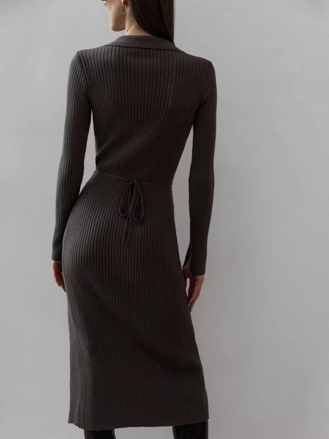 Tied Collared Neck Long Sleeve Sweater Dress - Classique Collection