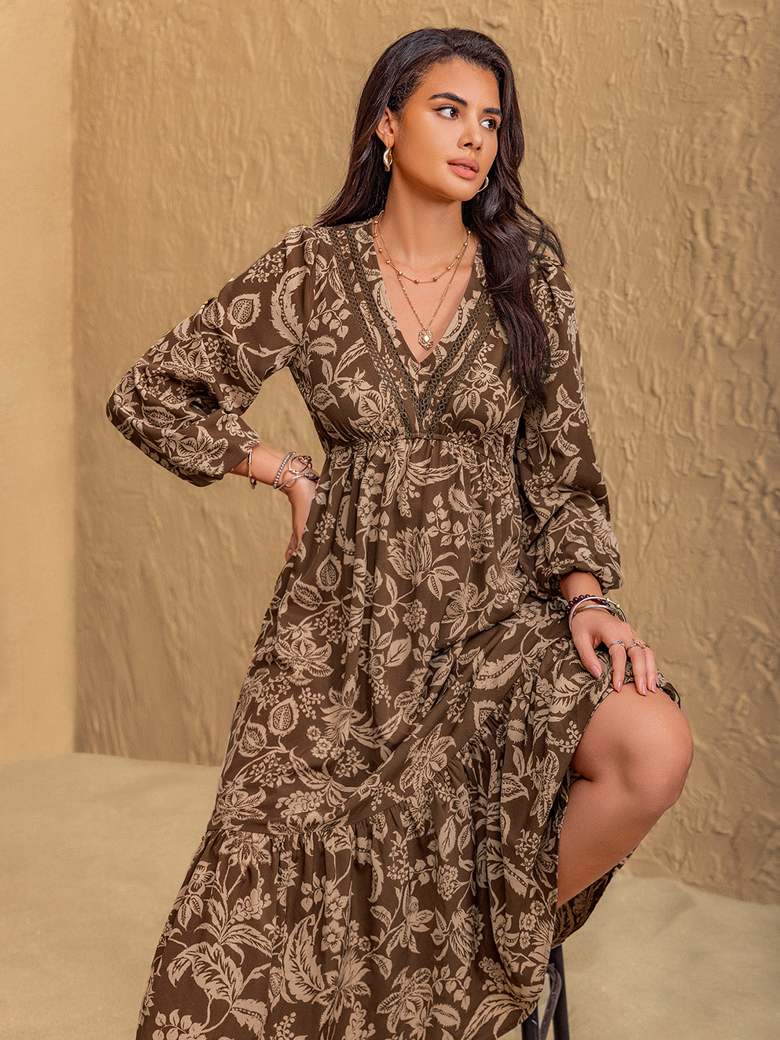 Ruched Printed V-Neck Long Sleeve Midi Dress - Classique Collection