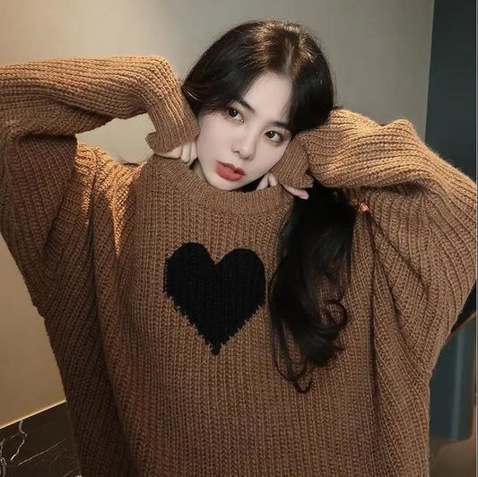 Casual Outer Wear Love Loose Sweater Women Round Neck Pullover Knit Top ClassiQ